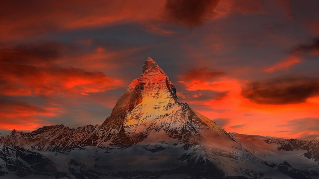 mountains, snow, sunset, dusk, twilight, peak, summit, mountain top, mountain view, sky, clouds, snow mountains, switzerland, zermatt, matterhorn, alpine, gornergrat, monte rosa, landscape, snow matterhorn, nature, high mountains, valais